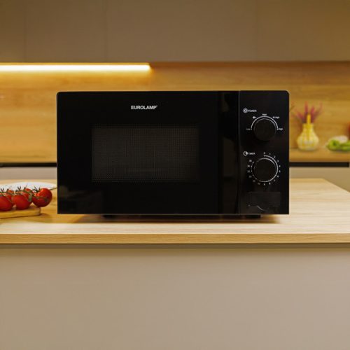 Eurolamp 20 literes fekete mikrohullámú sütő mechanikus tekerőgombokkal és 700W teljesítménnyel