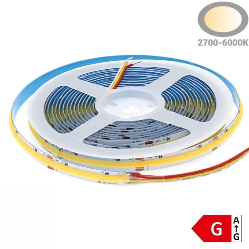 Prémium, 24V-os COB CCT LED szalag, ami pontmentes, szabályozható színhőmérsékletű fényt ad