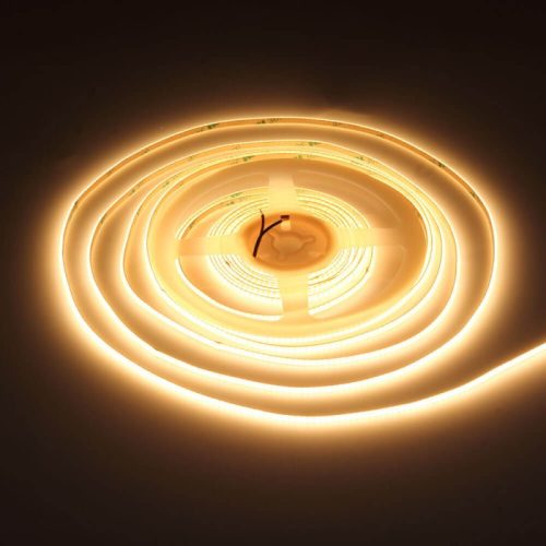 3mm széles, 24V-os, 7W/méter COB LED szalag 384 LED/m sűrűséggel, homogén, pontmentes meleg fehér fénnyel