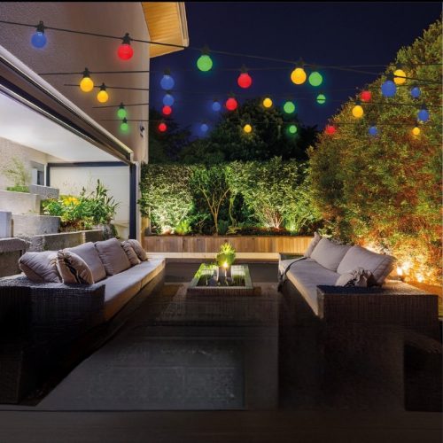 Kültéri színes fényfüzér 8m, 10 db színes gömb, sorolható