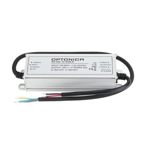 Professzionális, 200W-os, 48V DC, teljesen vízálló (IP67) LED tápegység