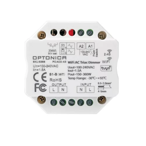 Optonica 6388 fali szerelődobozba süllyeszthető WiFi és 433MHz RF Triac intelligens LED fényerőszabályzó dimmer modul max. 1.5A teljesítménnyel