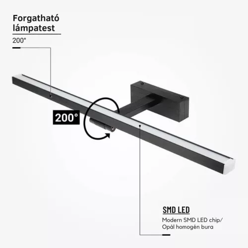 Fali tükörmegvilágító fürdőszoba lámpa 60cm 3000K 14W fekete