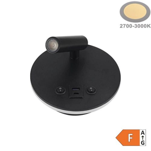 LED Fali Spotlámpa háttérvilágítással, 8W, 40°, kapcsolóval, 2xUSB porttal, fekete, meleg fehér fény