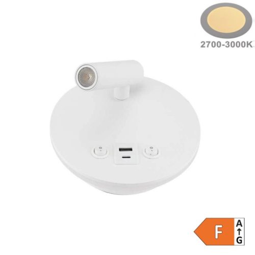 LED Fali Spotlámpa háttérvilágítással, 8W, 40°, kapcsolóval, 2xUSB porttal, fehér, természetes fehér fény
