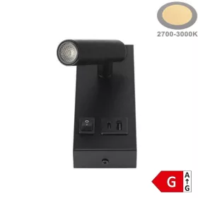   LED Fali Spotlámpa, 2W, 38°, kapcsolóval, 2xUSB porttal, fekete, meleg fehér fény