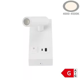   LED Fali Spotlámpa, 2W, 38°, kapcsolóval, 2xUSB porttal, fehér, természetes fehér fény