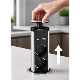 Kézzel kihúzható fekete bútorcsatlakozó 3 konnektorral és USB-A/USB-C portokkal