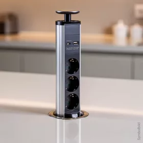 Kézzel kihúzható fekete bútorcsatlakozó 3 konnektorral és USB-A/USB-C portokkal