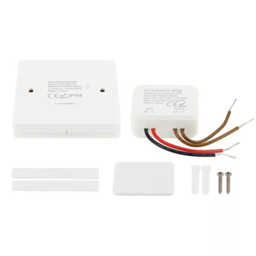 Optonica 7653 2 zónás 433 MHz-es vezeték nélküli rádiós fali kapcsoló szett 2x600W-os vezérlővel és IP44-es fehér dupla kapcsolóval