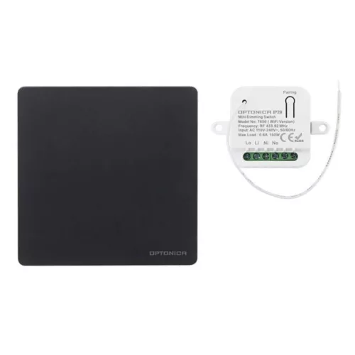 Optonica 7656 Tuya WiFi és 433 MHz RF vezeték nélküli dimmelhető okos fali kapcsoló szett 150W-os vezérlővel, fekete színben