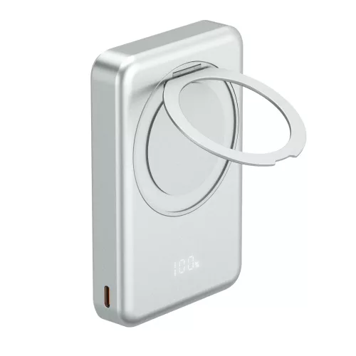 Kompakt ezüst színű 10000 mAh mágneses vezeték nélküli powerbank 20W USB-C gyorstöltő csatlakozóval