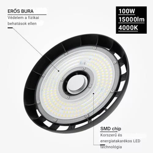 Prémium 100W LED UFO Csarnokvilágító – 15 000 lm, 6000K, 90°, IP65 Ipari Világítás