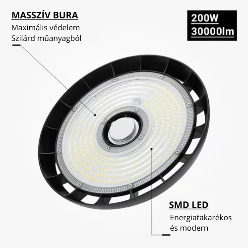 8229 prémium 200W-os LED UFO csarnokvilágító alumínium házzal, 6000K
