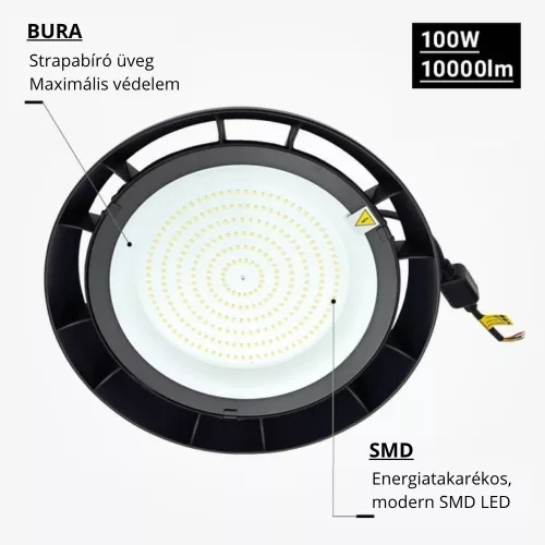 Optonica 100W-os természetes fehér LED UFO csarnokvilágító lámpa 4000K IP65 10000 lumen
