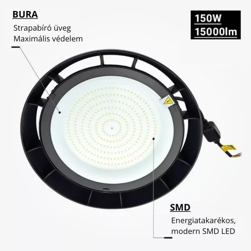 Optonica 150W-os hideg fehér LED UFO csarnokvilágító lámpa 6000K IP65 15000 lumen