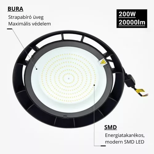 Optonica 200W-os hideg fehér LED UFO csarnokvilágító lámpa 6000K IP65 20000 lumen