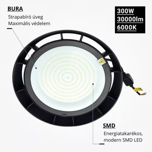 Optonica 300W-os hideg fehér LED UFO csarnokvilágító lámpa 6000K IP65 30000 lumen