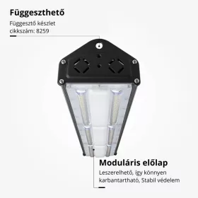 150W-os, lineáris, IP65 és IK08 védettségű LED ipari csarnokvilágító lámpatest, hideg fényű, nagy teljesítményű