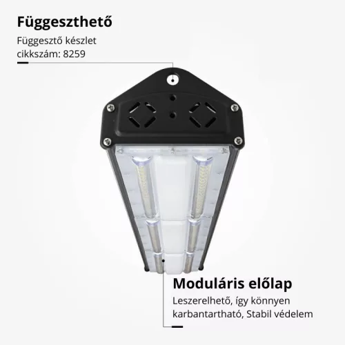 150W-os, lineáris, IP65 és IK08 védettségű LED ipari csarnokvilágító lámpatest, hideg fényű, nagy teljesítményű