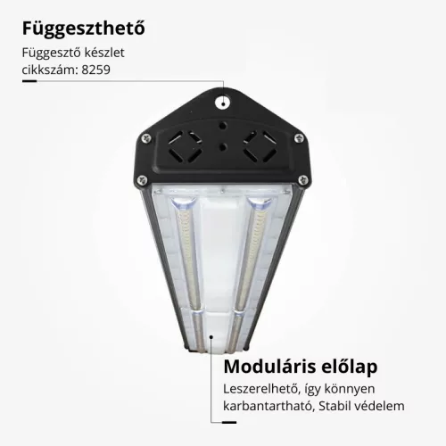 100W-os, lineáris, IP65 és IK08 védettségű LED ipari csarnokvilágító lámpatest, hideg fényű, legnagyobb teljesítményű