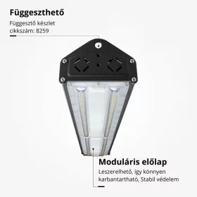 100W-os, lineáris, IP65 és IK08 védettségű LED ipari csarnokvilágító lámpatest, hideg fényű, legnagyobb teljesítményű