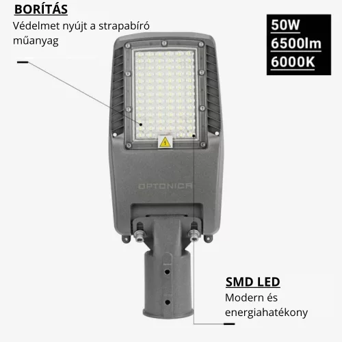 Optonica szürke 50W LED utcai lámpa állítható dőlésszöggel és NEMA szenzor foglalattal