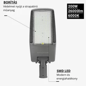 Optonica szürke 200W LED utcai lámpa állítható dőlésszöggel és NEMA szenzor foglalattal