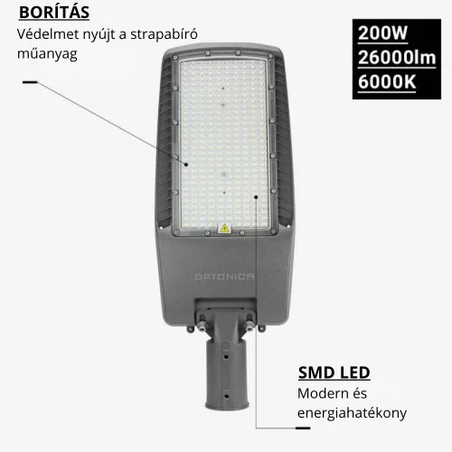 Optonica szürke 200W LED utcai lámpa állítható dőlésszöggel és NEMA szenzor foglalattal