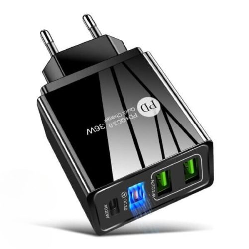 3 Portos USB Töltő Adapter 36W, Fekete, Power Delivery + Quick Charge 3.0