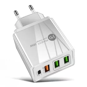   3 Portos USB Töltő Adapter 36W, Fehér, Power Delivery + Quick Charge 3.0