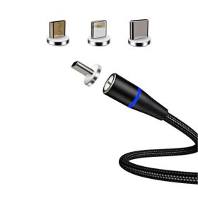 Optonica 3 az 1-ben mágneses USB töltőkábel fekete színben, Micro USB, Type-C és Lightning adapterekkel.