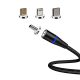Optonica 3 az 1-ben mágneses USB töltőkábel fekete színben, Micro USB, Type-C és Lightning adapterekkel.