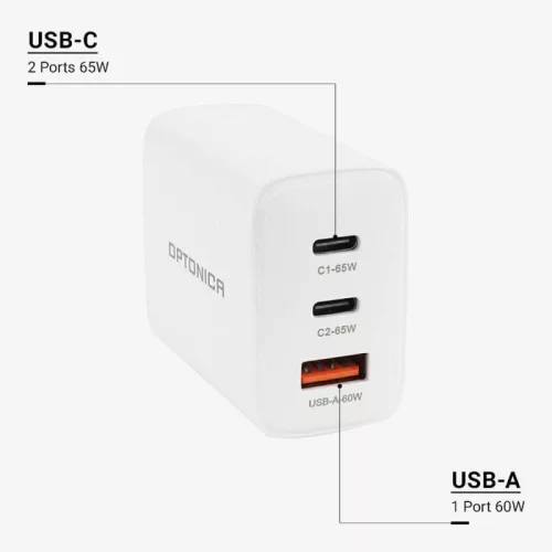 65W-os GaN technológiás gyorstöltő három USB porttal fehér színben