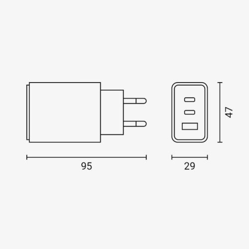 65W-os GaN technológiás gyorstöltő három USB porttal fehér színben