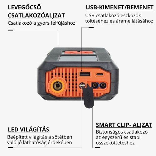 4 az 1-ben multifunkciós autós vészindító bikázó és digitális kerékfújó kompresszor 10000mAh