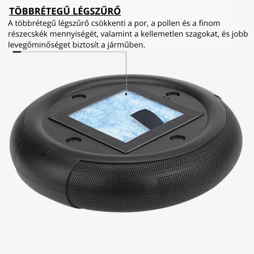 Fekete USB-s autós légfrissítő és levegőtisztító készülék az utastérbe