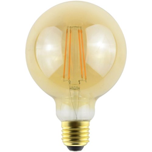 Dimmelhető (fényerőszabályozós), borostyánszínű G95 filament LED gömb izzó.