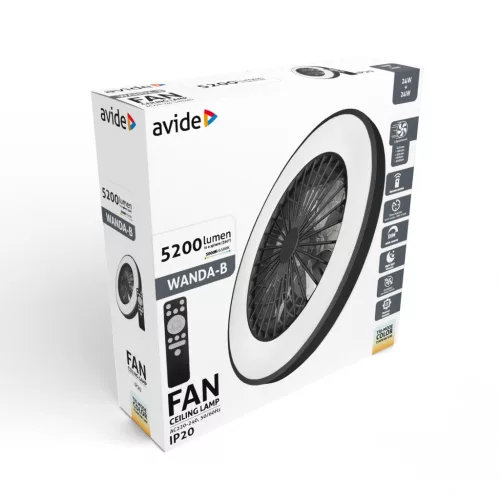 WANDA mennyezeti lámpa ventilátorral távirányítóval fekete 2x24W+15W