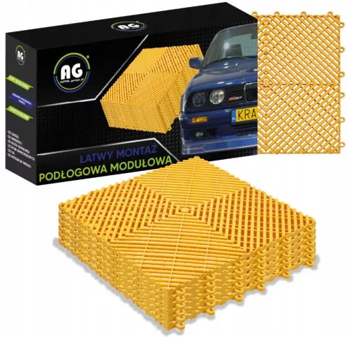 Sárga színű, 1,8 cm vastag rácsos szerkezetű (bordás) moduláris garázspadló lap