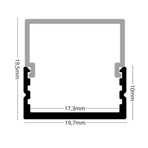 2 méteres felületre szerelhető fekete alumínium LED profil 8-10 mm széles LED szalagokhoz, hőelvezetésre és esztétikus beépítésre.