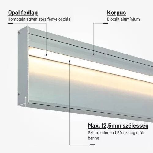 Padlószegély LED profil, metál szürke, opál fedővel, eloxált alumínium 2 méter 80x18mm