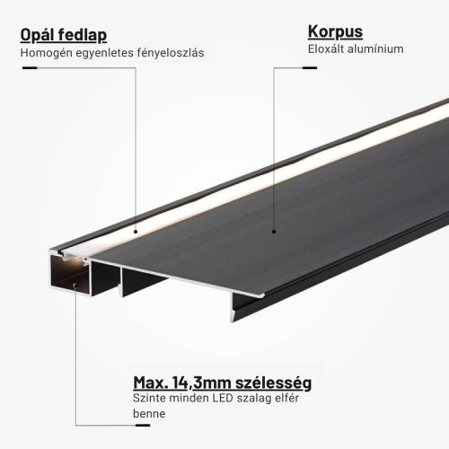 LED szegélyléc profil fekete, opál fedővel, eloxált alumínium 2 méter 77,4x12mm