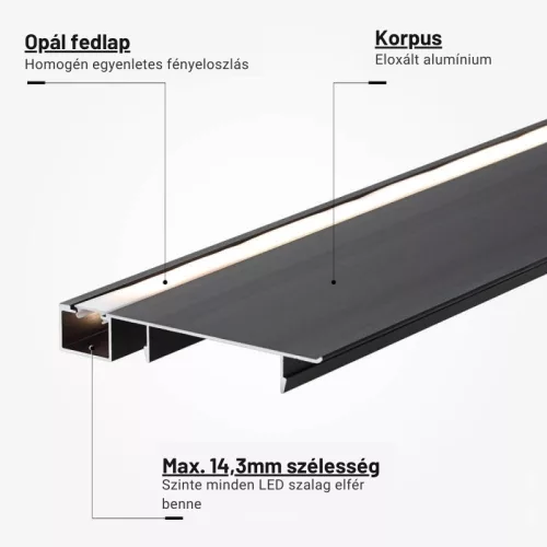 LED szegélyléc profil fekete, opál fedővel, eloxált alumínium 2 méter 77,4x12mm