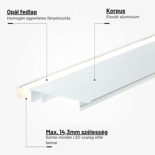 LED szegélyléc profil fehér, opál fedővel, eloxált alumínium 2 méter 77,4x12mm