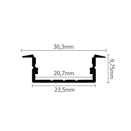 Süllyeszthető LED profil LED világításhoz, fekete eloxált alumínium, opál bura 2m