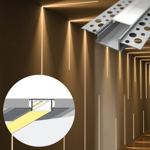 2 méteres glettelhető, süllyeszthető alumínium LED profil falba és mennyezetbe építéshez, rejtett világításhoz.