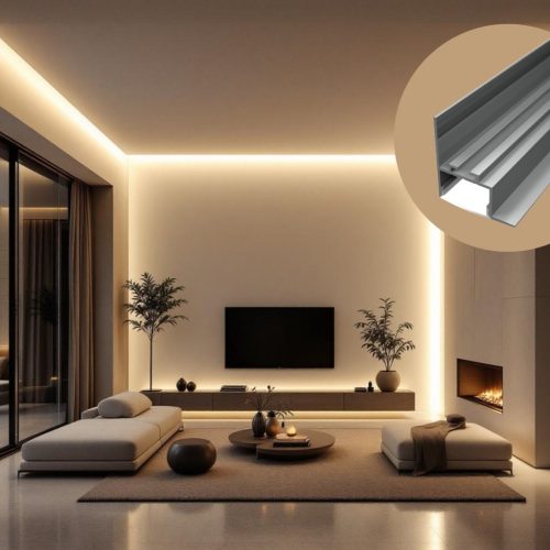 Modern nappali peremvilágítása fali csatlakozó LED profillal kialakítva, eloxált alumínium