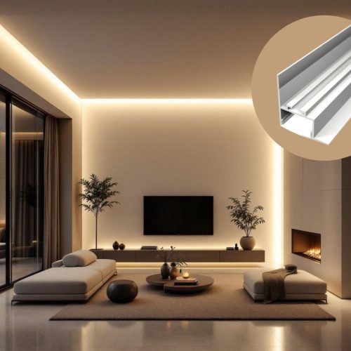 Modern nappali peremvilágítása fali csatlakozó LED profillal kialakítva