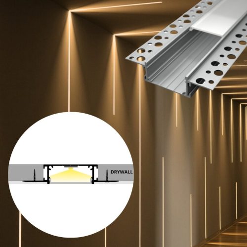 Gipszkartonba süllyeszthető LED profil, R8, ezüst színű, opál fedővel, eloxált, 2 méter